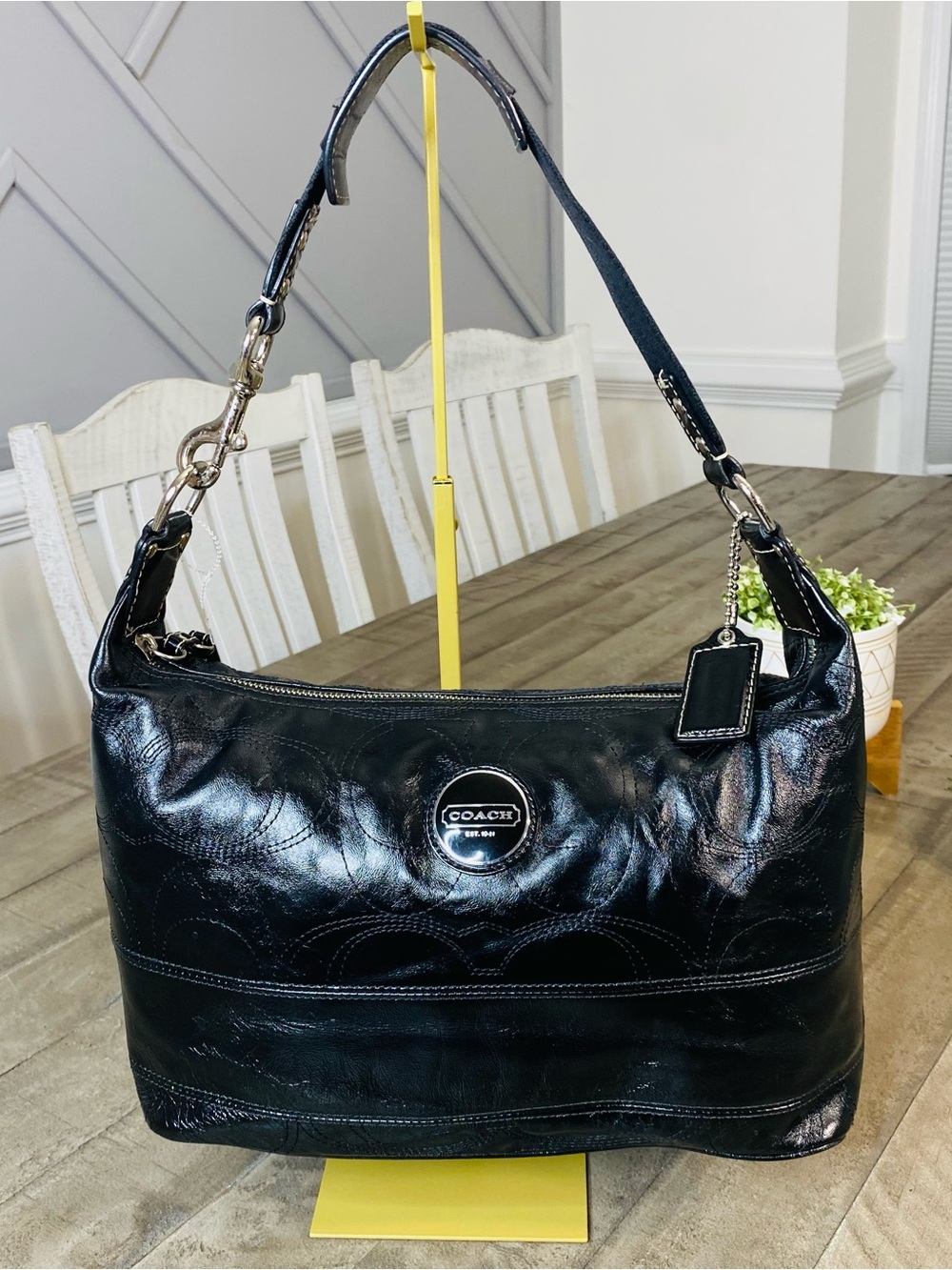Coach Soho Black Signature Stitch Crinkled Patent Leather Hobo Bag